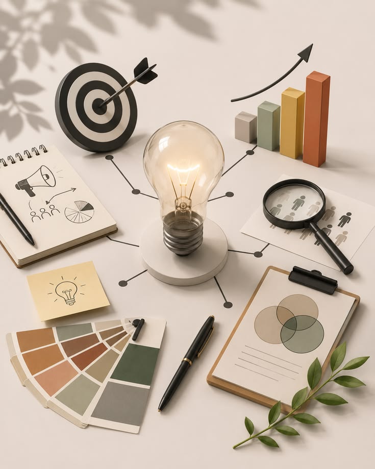 Ampoule, cible et outils de planification sur un bureau
